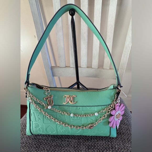 Juicy Couture Mint Green Shoulder Bag with Gold Chains and Floral Charm